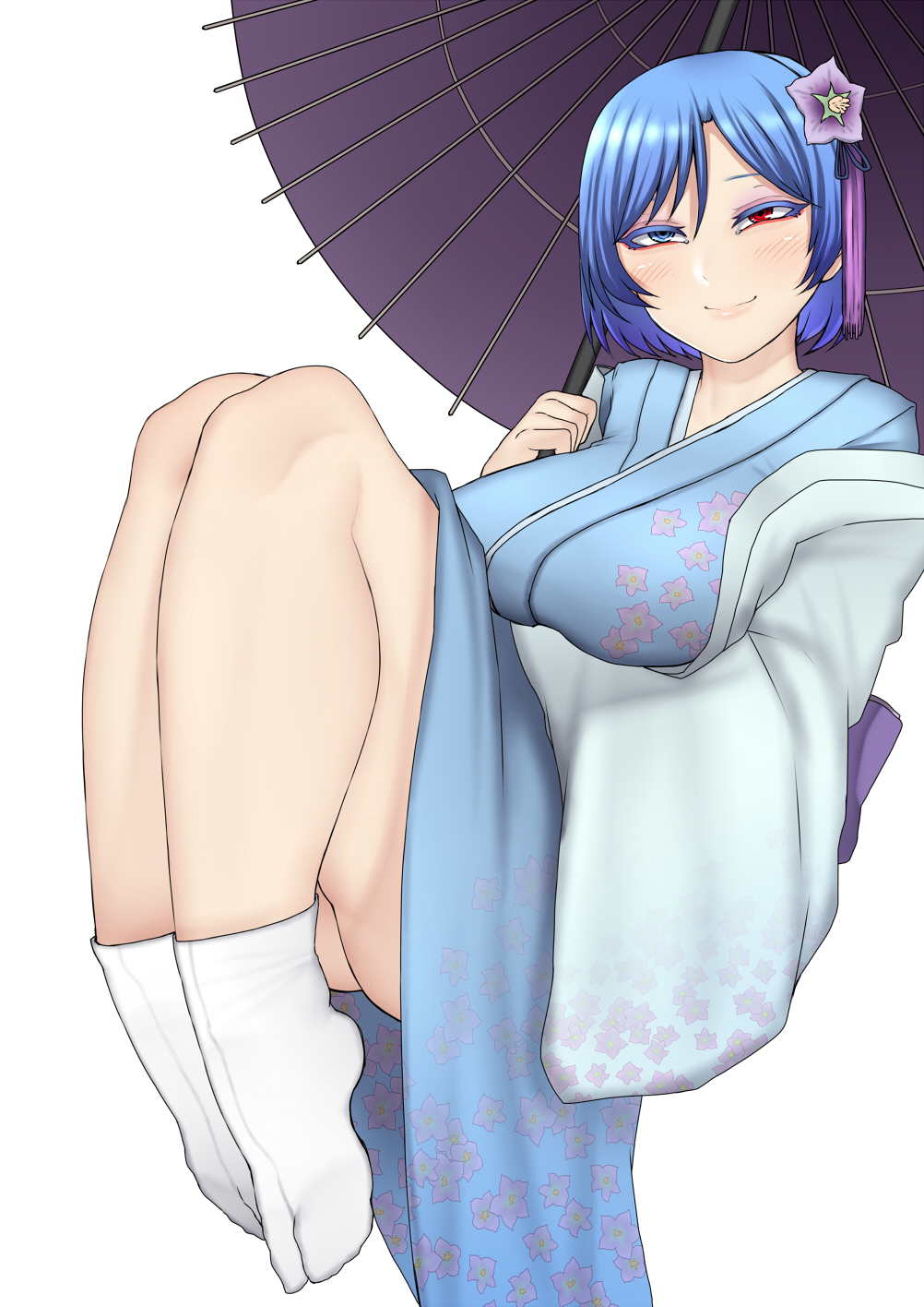 1girl alternate_costume ass bare_legs blue_eyes blue_hair blush closed_mouth curvy flower full_body hair_flower hair_ornament half-closed_eyes heterochromia highres hips holding holding_umbrella japanese_clothes kimono knees_up legs long_sleeves looking_at_viewer nicutoka older red_eyes short_hair simple_background smile socks solo tatara_kogasa thick_thighs thighs touhou umbrella white_background white_legwear white_socks wide_hips