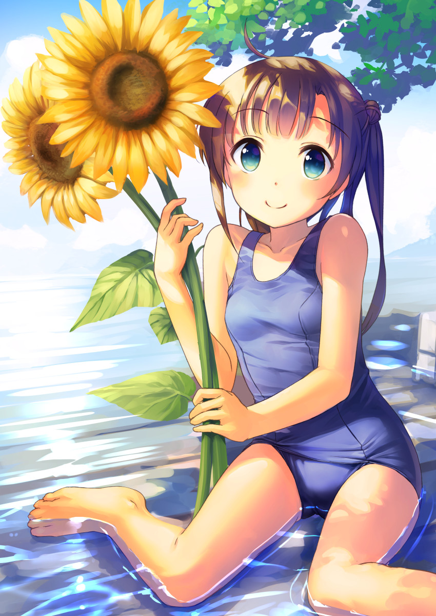 1girl ahoge bangs bare_arms bare_legs bare_shoulders barefoot blue_sky blue_swimsuit blush breasts brown_hair closed_mouth clouds cloudy_sky collarbone commentary_request day eyebrows_visible_through_hair fingernails flower green_eyes head_tilt highres holding holding_flower long_hair looking_at_viewer one-piece_swimsuit original outdoors school_swimsuit sky small_breasts smile solo sunflower swimsuit takoyaki_(roast) twintails very_long_hair water yellow_flower