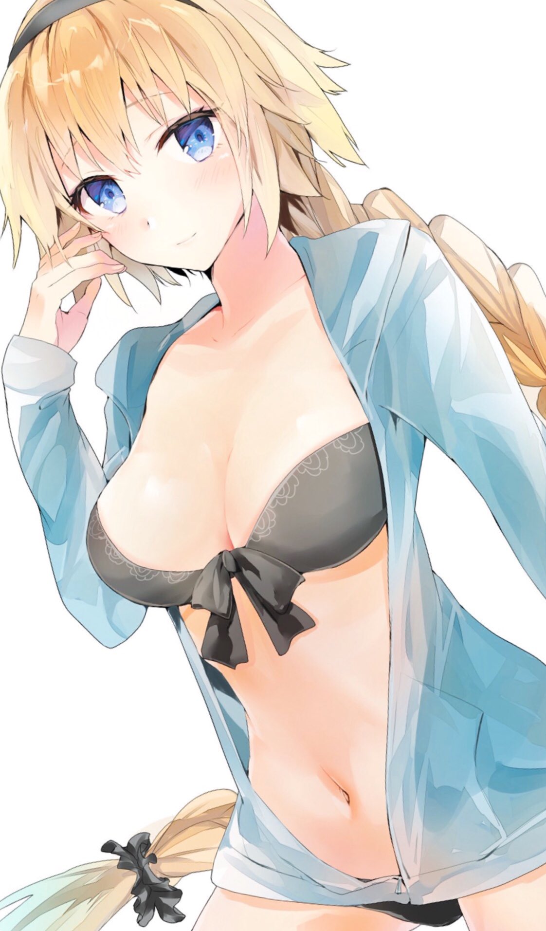 1girl bangs bikini black_bikini black_hairband black_scrunchie blonde_hair blue_eyes blue_jacket blush braid breasts cleavage closed_mouth commentary_request eyebrows_visible_through_hair fate/grand_order fate_(series) fingernails hair_between_eyes hair_ornament hair_scrunchie hairband hand_up highres hood hood_down hooded_jacket jacket jeanne_d'arc_(fate) jeanne_d'arc_(fate)_(all) long_hair long_sleeves medium_breasts navel open_clothes open_jacket scrunchie simple_background single_braid sleeves_past_wrists smile solo swimsuit tomozero very_long_hair white_background