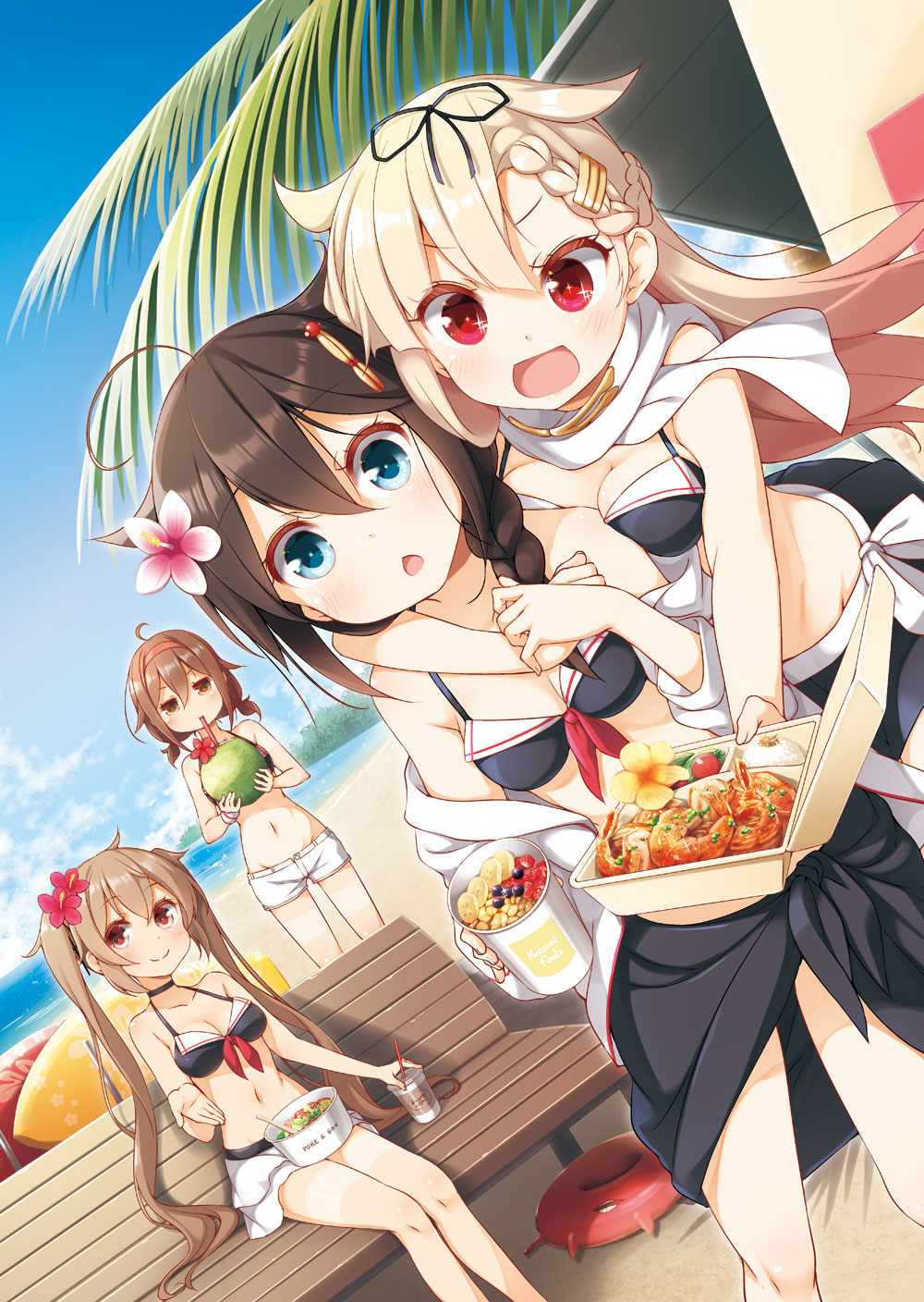 4girls ahoge bangs bare_arms bare_shoulders beach bench bikini bikini_shorts bikini_skirt black_choker black_ribbon blonde_hair blue_eyes blue_sky blush braid breasts brown_eyes brown_hair building chestnut_mouth choker cleavage clouds commentary_request cup day disposable_cup drinking_straw dutch_angle enemy_lifebuoy_(kantai_collection) eyebrows_visible_through_hair flower food_request garlic gradient_hair groin hair_between_eyes hair_flaps hair_flower hair_ornament hair_ribbon hairband highres hug hug_from_behind kantai_collection light_brown_hair long_hair low_twintails medium_hair multicolored_hair multiple_girls murasame_(kantai_collection) navel ocean off_shoulder outdoors palm_tree pink_flower red_eyes red_hairband remodel_(kantai_collection) ribbon sarong scarf shigure_(kantai_collection) shiratsuyu_(kantai_collection) short short_shorts shorts shrimp single_braid sitting sitting_on_bench sky smile sparkle sparkling_eyes standing swimsuit tan tanline tomato tree twintails very_long_hair white_scarf white_shorts wristband yellow_flower yume_no_owari yuudachi_(kantai_collection)