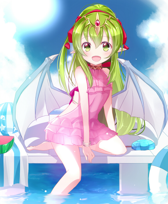 1girl ball bare_shoulders beachball blue_sky bracelet chiki clouds day dragon_wings fire_emblem fire_emblem:_mystery_of_the_emblem fire_emblem_heroes food fruit green_eyes green_hair hair_ribbon jewelry long_hair mamkute open_mouth pink_swimsuit pointy_ears popsicle red_ribbon ribbon rojiura-cat sitting sky solo swimsuit tiara water watermelon wings