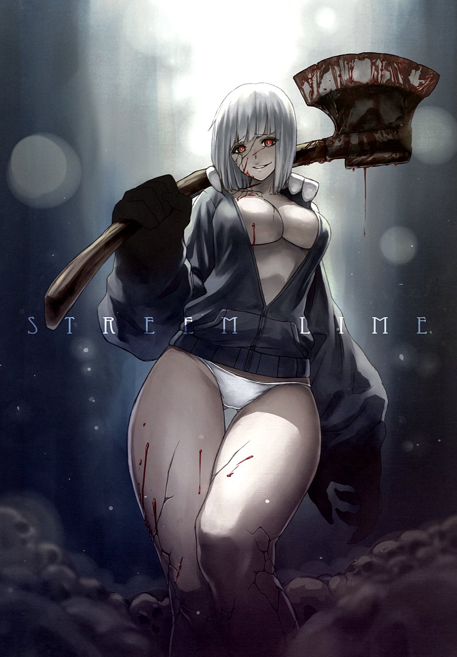 1girl axe backlighting bangs black_gloves blood blood_on_face bloody_axe blunt_bangs breasts cleavage commentary_request crotch_seam english eyebrows_visible_through_hair gloves grey_skin highres holding holding_weapon hood hoodie ikeda_(hayato) jacket large_breasts looking_at_viewer medium_hair no_bra no_pants open_clothes open_jacket original panties parted_lips red_eyes smirk solo standing underwear weapon white_panties zombie