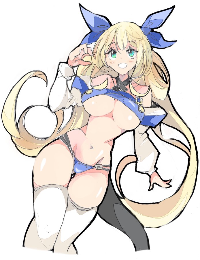 1girl alternate_color bangs bare_shoulders blonde_hair blue_eyes blue_ribbon breasts cropped_legs detached_sleeves dizzy enpe eyebrows_visible_through_hair guilty_gear hair_between_eyes hair_rings large_breasts long_hair long_sleeves looking_at_viewer navel panties ribbon solo tail tail_ribbon thigh-highs thighs twintails under_boob underwear very_long_hair white_legwear