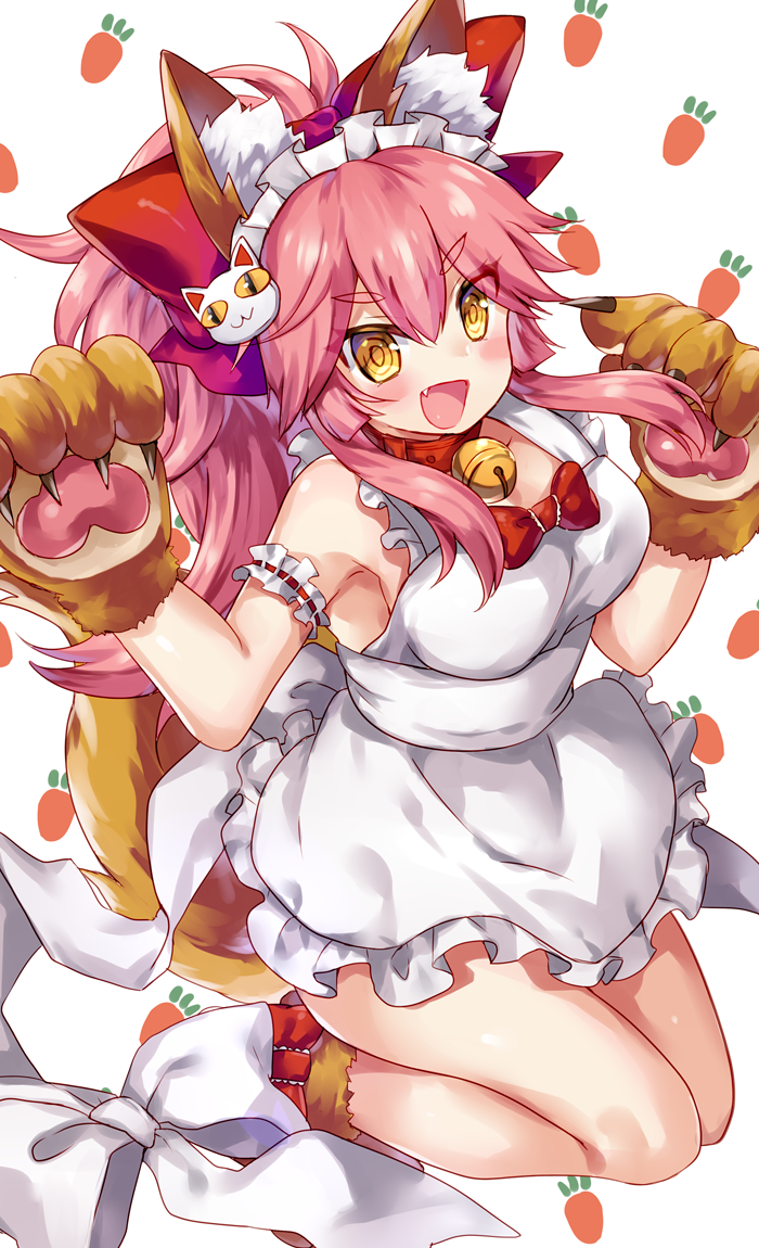 1girl animal_ears apron bell bell_collar blush_stickers breasts cat_hair_ornament cat_paws cleavage collar fangs fate/grand_order fate_(series) fox_ears fox_tail gloves hair_ornament jingle_bell large_breasts long_hair looking_at_viewer maid_headdress naked_apron open_mouth paw_gloves paw_shoes paws pink_hair ponytail shoes solo tail tamamo_(fate)_(all) tamamo_cat_(fate) tatara_maguro
