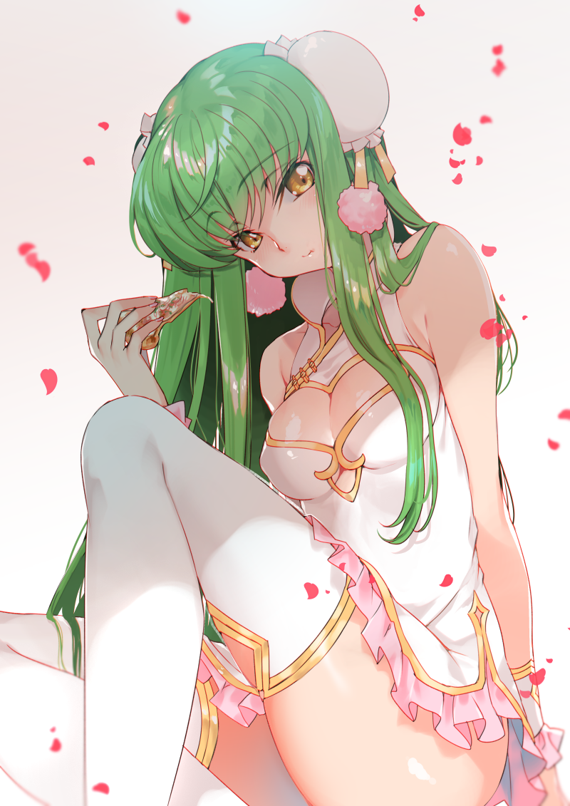 1girl bangs bare_shoulders blush breasts c.c. china_dress chinese_clothes cleavage cleavage_cutout closed_mouth code_geass commentary_request creayus double_bun dress eyebrows_visible_through_hair food frilled_dress frills green_hair long_hair looking_at_viewer petals pink_frills pizza shiny shiny_hair shiny_skin solo thigh-highs white_dress white_legwear yellow_eyes