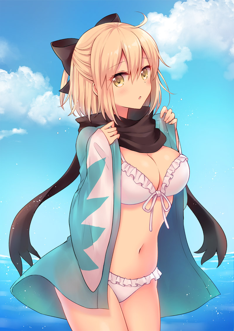 1girl :o ahoge bangs bikini black_bow black_scarf blue_sky blush bow breasts cleavage clouds commentary_request cowboy_shot day eyebrows_visible_through_hair fate/grand_order fate_(series) fingernails frilled_bikini frills front-tie_bikini front-tie_top hair_between_eyes hair_bow haori horizon japanese_clothes koha-ace large_breasts light_brown_hair long_sleeves looking_at_viewer mole mole_under_eye navel ocean okita_souji_(fate) okita_souji_(fate)_(all) outdoors parted_lips sato_ame scarf sky sleeves_past_wrists solo standing swimsuit water white_bikini wide_sleeves yellow_eyes