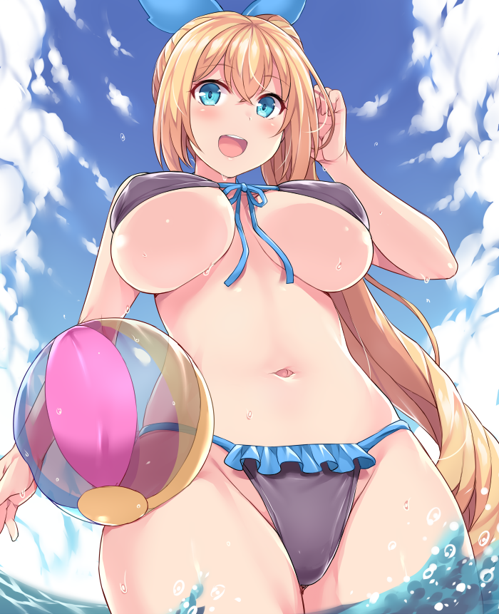 1girl ball beachball bikini black_bikini blonde_hair blue_eyes blue_sky breasts clouds commentary_request cowboy_shot day eyebrows_visible_through_hair frilled_bikini frills from_below front-tie_bikini front-tie_top hasu_(hk_works) large_breasts long_hair looking_at_viewer mirai_akari mirai_akari_project navel open_mouth sky smile solo standing swimsuit under_boob virtual_youtuber water