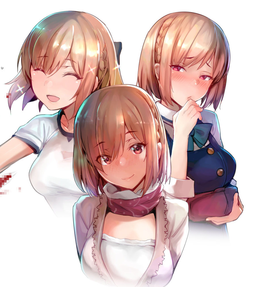 1girl :/ :d ^_^ alice_gear_aegis aqua_neckwear bangs blood blush braid breasts brown_hair censored closed_eyes closed_eyes closed_mouth collarbone cropped_torso eyebrows_visible_through_hair furrowed_eyebrows head_tilt holding jacket jewelry kurowa looking_at_viewer medium_breasts medium_hair mosaic_censoring multiple_views necklace nose_blush open_mouth pink_eyes scarf school_uniform shirt short_hair short_sleeves simple_background smile solo sparkle sutegoro_shiina upper_body white_background white_shirt