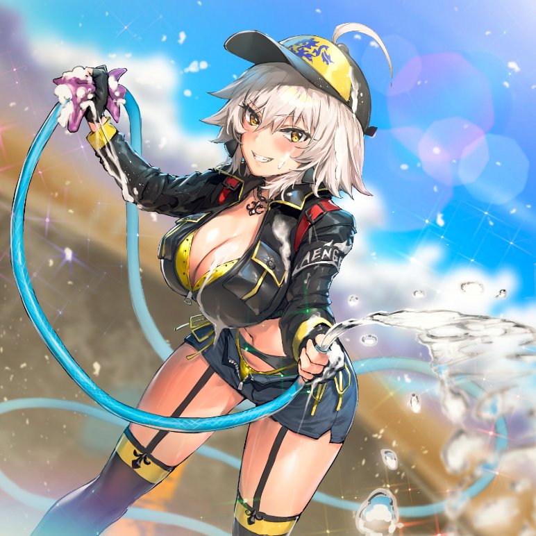 1girl ahoge bangs baseball_cap black_hat black_jacket black_legwear blue_sky blurry blurry_background blush breasts cleavage collarbone cropped_jacket denim denim_shorts fate_(series) garter_straps grin hair_between_eyes hair_through_headwear hat hose jacket jeanne_d'arc_(alter)_(fate) jeanne_d'arc_(fate)_(all) large_breasts looking_at_viewer midriff navel pyz_(cath_x_tech) short_hair shorts silver_hair sky smile solo sparkle thigh-highs thighs towel water yellow_eyes