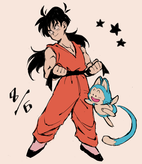 1boy :d animal belt black_eyes black_footwear black_hair clenched_hands commentary_request dated dougi dragon_ball dragonball_z floating full_body long_hair looking_away male_focus muscle number number_pun open_mouth pink_background puar simple_background sleeveless smile spiky_hair star tail yamcha