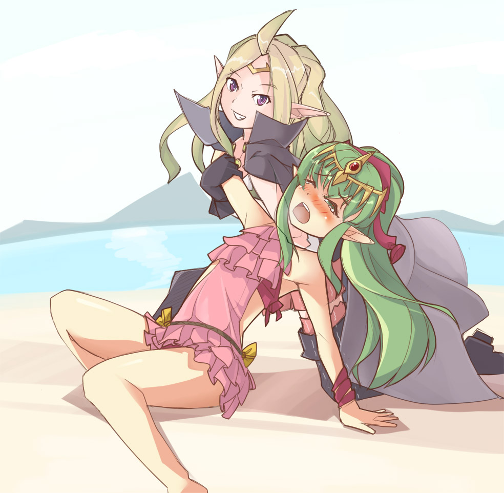 2girls beach blonde_hair blush cape chiki closed_eyes fire_emblem fire_emblem:_kakusei fire_emblem:_mystery_of_the_emblem fire_emblem_heroes gloves green_eyes green_hair jaegan long_hair mamkute multiple_girls nowi_(fire_emblem) open_mouth ponytail smile swimsuit wings wrestling