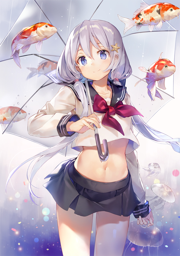 1girl bangs black_skirt blue_eyes cowboy_shot crop_top fish flying_fish gilse hair_ornament holding holding_umbrella jellyfish koi long_hair long_sleeves looking_at_viewer low_twintails midriff miniskirt navel original rain red_neckwear school_uniform serafuku silver_hair skirt smile solo standing starfish_hair_ornament transparent_umbrella twintails umbrella very_long_hair wind