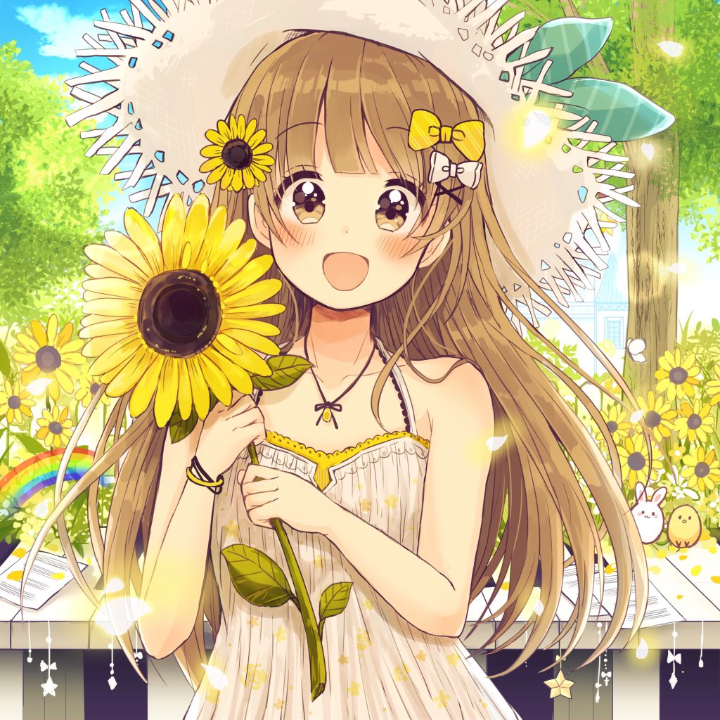 1girl :d bare_arms bare_shoulders blue_ribbon blue_sky blush brown_eyes clouds cloudy_sky collarbone commentary_request day dress flower hands_up hat hat_ribbon holding holding_flower light_brown_hair long_hair looking_at_viewer open_mouth original outdoors paper petals rainbow ribbon sakura_oriko sky sleeveless sleeveless_dress smile solo straw_hat sunflower tree very_long_hair white_dress white_hat yellow_flower