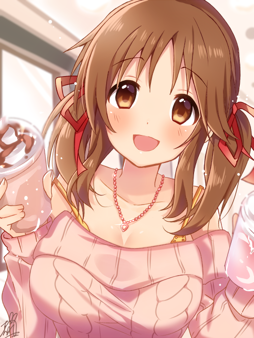1girl :d arms_up bangs blush bra bra_strap breasts brown_hair ceiling cleavage coffee coffee_cup collarbone cup disposable_cup dot_nose eyebrows_visible_through_hair hair_ribbon heart heart_necklace holding holding_cup idolmaster idolmaster_cinderella_girls indoors jewelry large_breasts looking_at_viewer low_twintails medium_hair necklace off_shoulder omuretsu open_mouth pendant pink_sweater red_ribbon ribbed_sweater ribbon sidelocks signature smile solo strap_slip sweater tareme totoki_airi twintails underwear upper_body whipped_cream window yellow_bra yellow_eyes