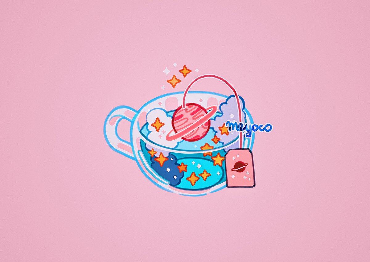 clouds cup drink meyoco no_humans original pink_background saturn see-through simple_background sparkle star teabag teacup