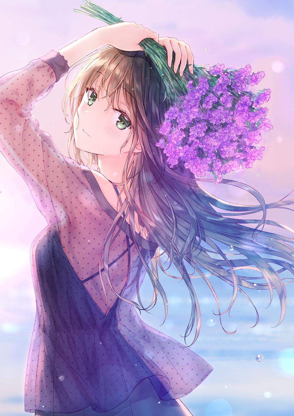 1girl arms_up backless_dress backless_outfit black_dress black_skirt blurry blush breasts brown_hair commentary cowboy_shot depth_of_field dress english_commentary eyebrows_visible_through_hair floating_hair flower from_behind green_eyes hair_between_eyes head_tilt highres hiten_(hitenkei) holding holding_flower lavender_(flower) light light_smile long_hair long_sleeves looking_at_viewer looking_back original parted_lips see-through shirt skirt sleeveless sleeveless_dress small_breasts solo spaghetti_strap straight_hair twilight water water_drop wet wet_hair wind