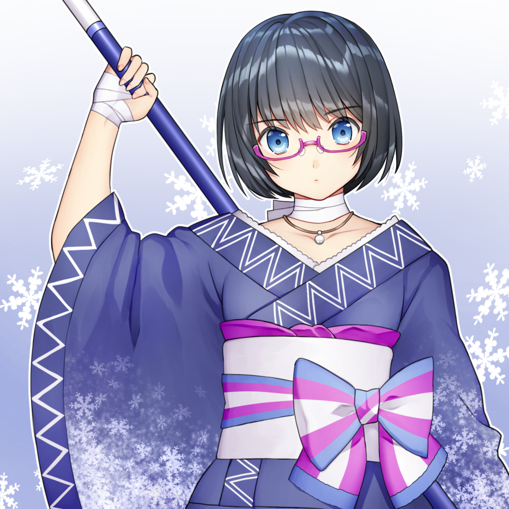 1girl arm_up bandage bandaged_hands bandages bangs black_hair blue_eyes blue_kimono bow closed_mouth commentary_request eyebrows_visible_through_hair fingernails glasses hair_between_eyes head_tilt japanese_clothes jewelry kimono kurata_rine long_sleeves looking_at_viewer obi original pendant purple-framed_eyewear sash semi-rimless_eyewear solo striped striped_bow under-rim_eyewear wide_sleeves