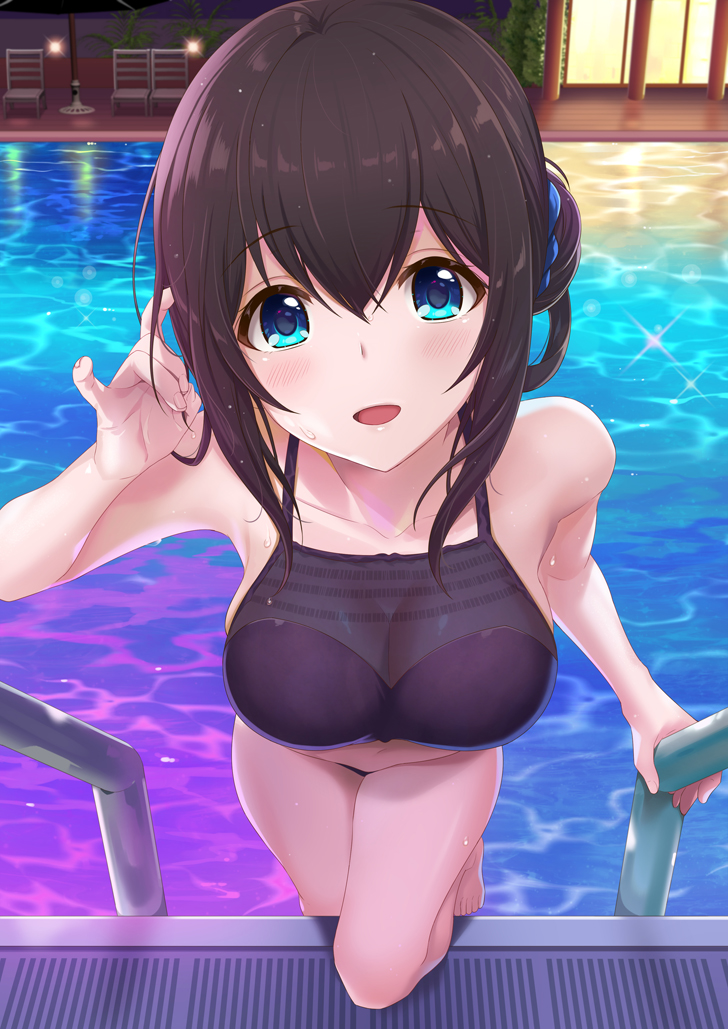 1girl alternate_costume azuki_yui bare_shoulders barefoot bikini black_hair blue_eyes blue_swimsuit breasts commentary_request covered_navel eyebrows_visible_through_hair from_above hair_up idolmaster idolmaster_cinderella_girls idolmaster_cinderella_girls_starlight_stage indoors ladder large_breasts long_hair looking_at_viewer open_mouth pool pool_ladder poolside purple_bikini sagisawa_fumika see-through sunset swimsuit thighs water wet