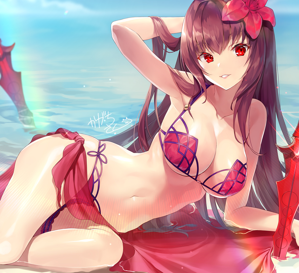 1girl bikini breasts cleavage commentary_request fate_(series) flower gae_bolg hair_flower hair_ornament hand_behind_head kagachi_saku large_breasts long_hair navel ocean polearm purple_hair red_eyes sarong scathach_(fate)_(all) scathach_(fate/grand_order) scathach_(swimsuit_assassin)_(fate) smile solo spear swimsuit weapon