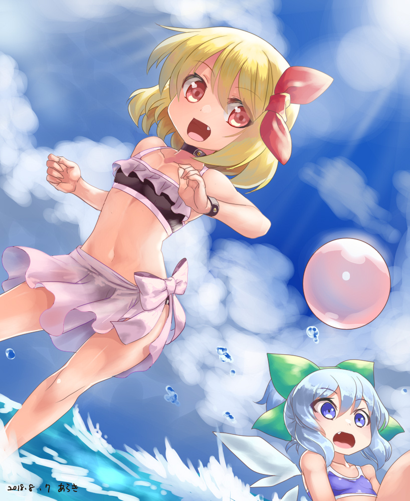 2girls :d alternate_costume araki_(qbthgry) arms_up ball bangs beachball bikini bikini_skirt blonde_hair blue_eyes blue_hair blue_sky bow choker cirno clouds commentary_request contrapposto dated day diffraction_spikes dutch_angle eyebrows_visible_through_hair fang feet_out_of_frame frilled_bikini_top hair_between_eyes hair_bow hair_ribbon lens_flare looking_at_viewer looking_to_the_side multiple_girls open_mouth outdoors red_eyes ribbon rumia short_hair signature sitting sky smile standing swept_bangs swimsuit touhou water water_drop wings wristband