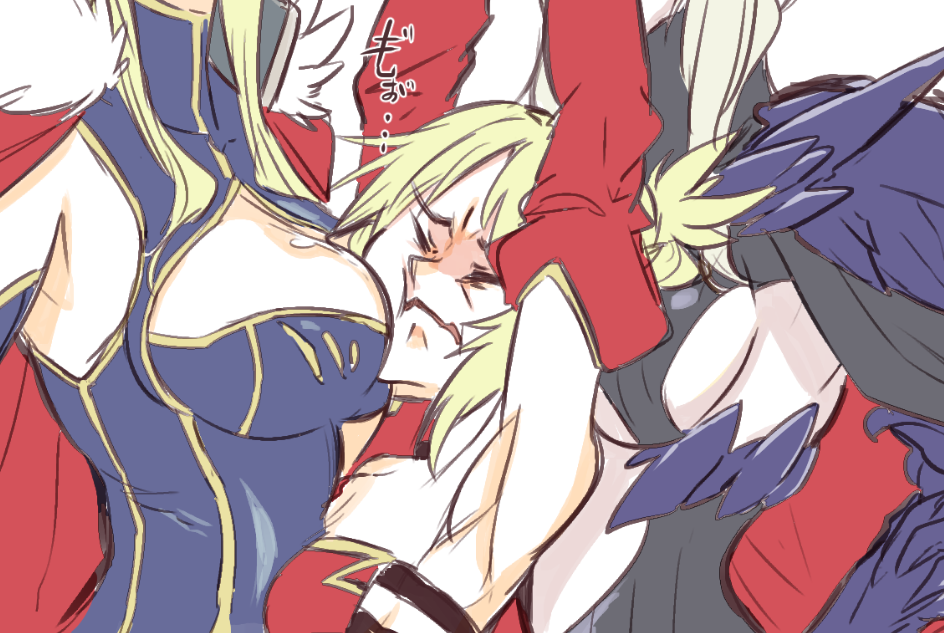 3girls armor artoria_pendragon_(all) artoria_pendragon_(lancer) artoria_pendragon_(lancer_alter) bandeau between_breasts blonde_hair braid breasts cape cleavage fate/apocrypha fate/grand_order fate_(series) french_braid fur-trimmed_cape fur_trim gauntlets girl_sandwich hair_ornament hair_scrunchie large_breasts mordred_(fate) mordred_(fate)_(all) multiple_girls pauldrons ponytail red_cape red_scrunchie sandwiched scrunchie sideboob sidelocks takatsuki_nato under_boob