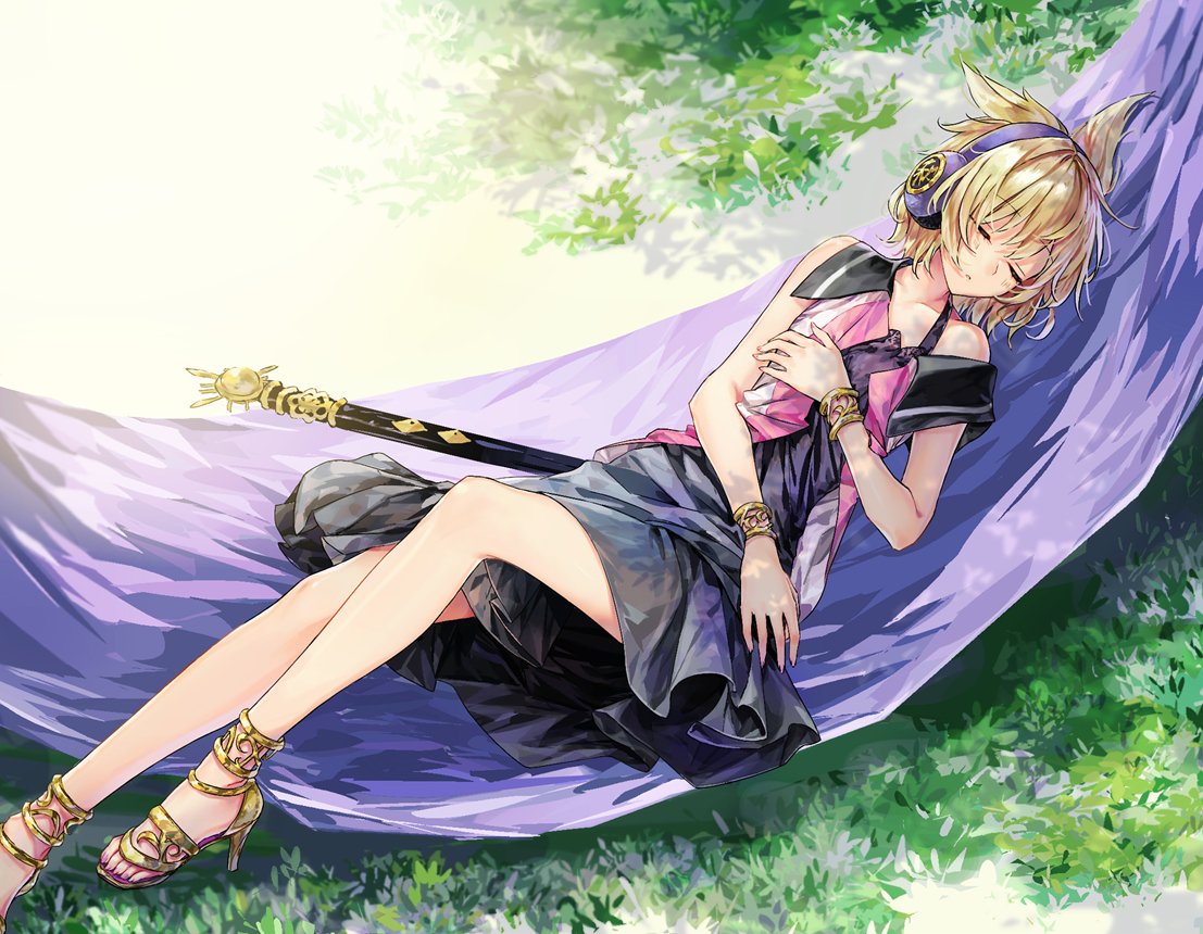 1girl akidzuki_haruhi anklet bangs bare_arms bare_shoulders black_dress blonde_hair blouse bracelet closed_eyes commentary_request dress earmuffs eyebrows_visible_through_hair feet_out_of_frame grass hammock hand_on_own_chest high_heels jewelry lying nail_polish off_shoulder on_back open_blouse open_clothes pointy_hair purple_nails scabbard sheath sheathed short_dress short_hair sleeping solo sword touhou toyosatomimi_no_miko weapon yellow_footwear
