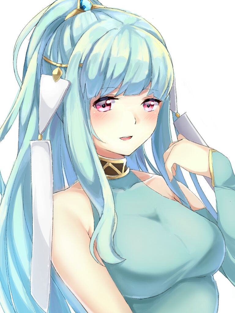 1girl alternate_hairstyle aone_hiiro aqua_hair bare_shoulders blush breasts bridal_gauntlets collarbone dress fire_emblem fire_emblem:_rekka_no_ken hair_ornament halterneck looking_at_viewer medium_breasts ninian open_mouth ponytail red_eyes simple_background smile solo upper_body white_background