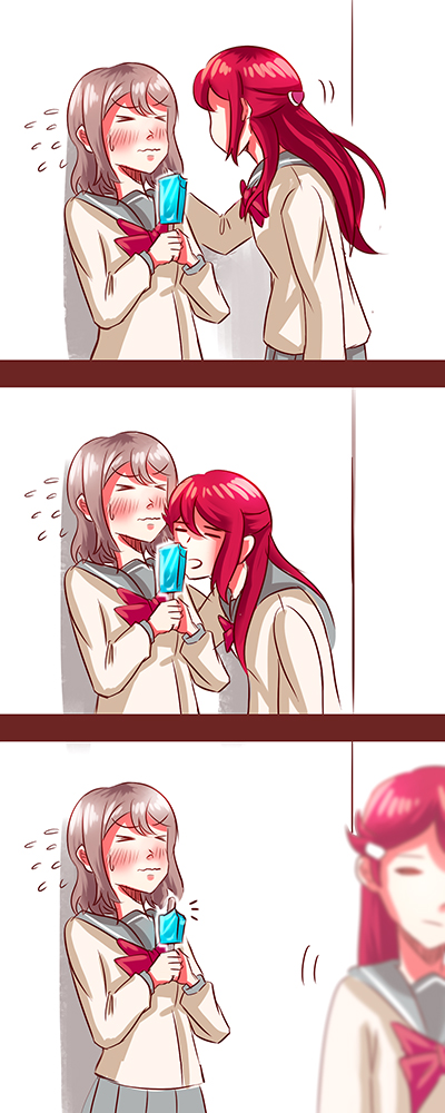 2girls 3koma blush closed_eyes comic dha315 eating facing_another flying_sweatdrops food long_hair long_sleeves looking_at_another love_live! love_live!_sunshine!! multiple_girls open_mouth popsicle redhead sakurauchi_riko short_hair sweat uranohoshi_school_uniform watanabe_you