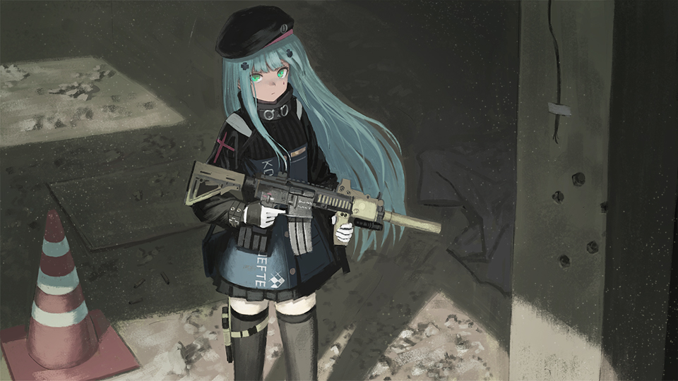 1girl assault_rifle bangs beret black_dress black_hat black_legwear blue_hair closed_mouth commentary_request dress facial_mark girls_frontline gloves green_eyes gun hair_ornament hat heckler_&amp;_koch hk416 hk416_(girls_frontline) holding holding_gun holding_weapon long_hair long_sleeves looking_at_viewer rifle solo standing thigh-highs thigh_strap traffic_cone turtleneck very_long_hair wasabi60 weapon white_gloves
