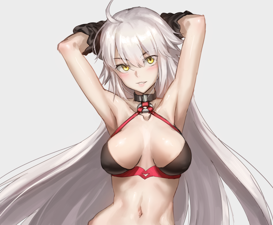 1girl ahoge armpits arms_up athenawyrm black_bikini_top choker fate/grand_order fate_(series) grey_background grin halterneck jeanne_d'arc_(alter)_(fate) jeanne_d'arc_(fate)_(all) long_hair looking_at_viewer navel o-ring o-ring_bikini o-ring_top shirt_lift silver_hair simple_background smile solo swimsuit undressing yellow_eyes