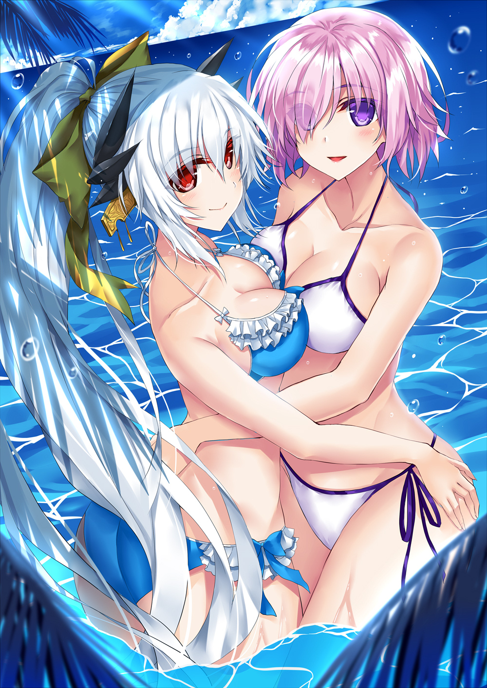 2girls aqua_hair ass asymmetrical_docking bikini blue_bikini blue_sky bow breast_press breasts cleavage clouds cowboy_shot cute day dragon_girl dragon_horns fate/grand_order fate_(series) frilled_bikini frills hair_over_one_eye highres horizon horns hug kiyohime_(fate/grand_order) kiyohime_(swimsuit_lancer)_(fate) long_hair love mash_kyrielight medium_breasts morizono_shiki multiple_girls ocean outdoors ponytail purple_hair red_eyes short_hair side-tie_bikini sky swimsuit violet_eyes water white_bikini white_hair yellow_bow yellow_eyes yuri