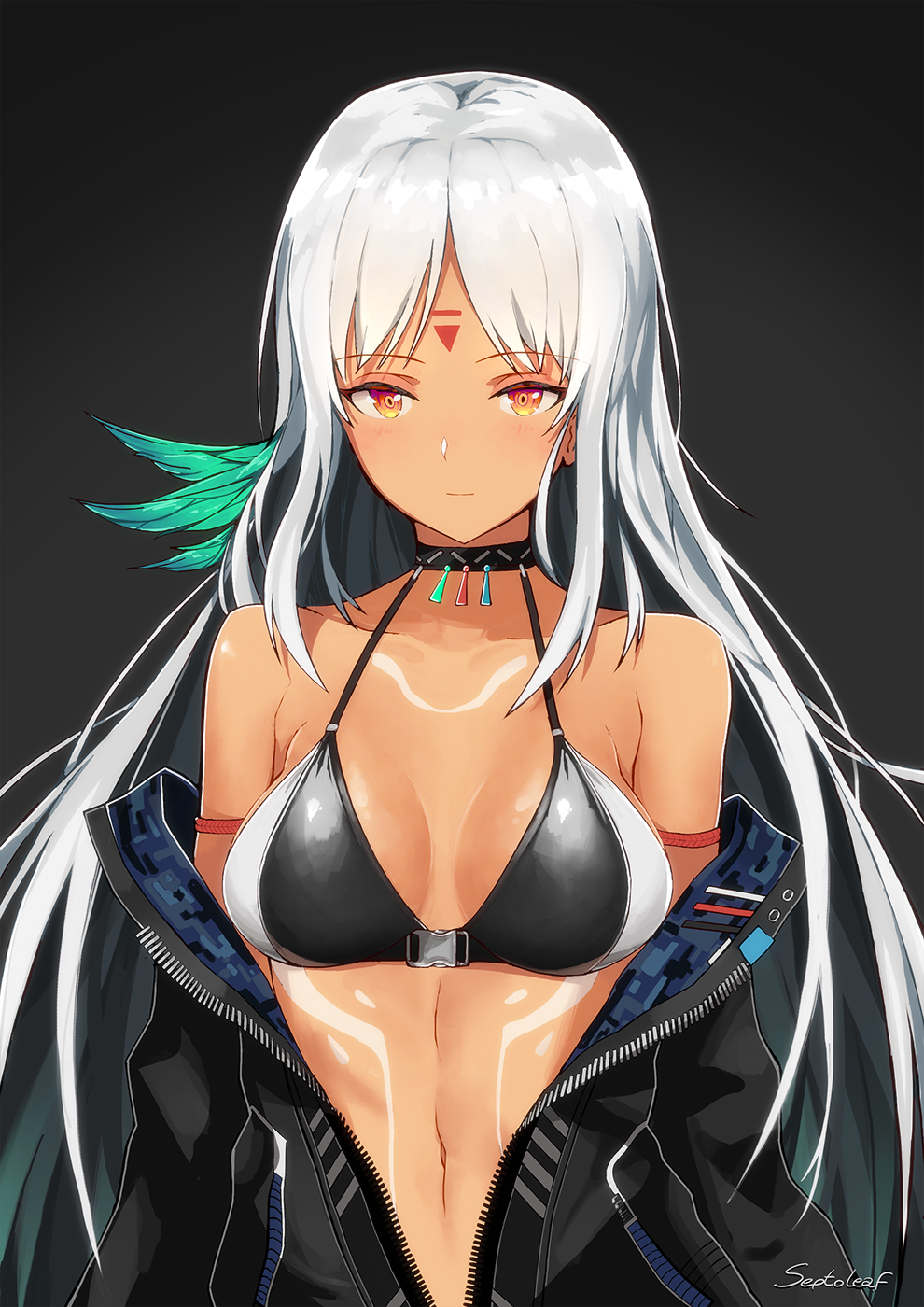 1girl arm_strap azur_lane bangs bare_shoulders bikini_top black_jacket blush breasts brown_eyes choker cleavage closed_mouth collarbone commentary dark_skin eyebrows_visible_through_hair feathers hair_feathers highres jacket large_breasts long_hair long_sleeves looking_at_viewer massachusetts_(azur_lane) multicolored_hair native_american navel off_shoulder open_clothes partially_unzipped septoleaf sidelocks signature silver_hair simple_background smile solo swimsuit swimsuit_under_clothes tan zipper