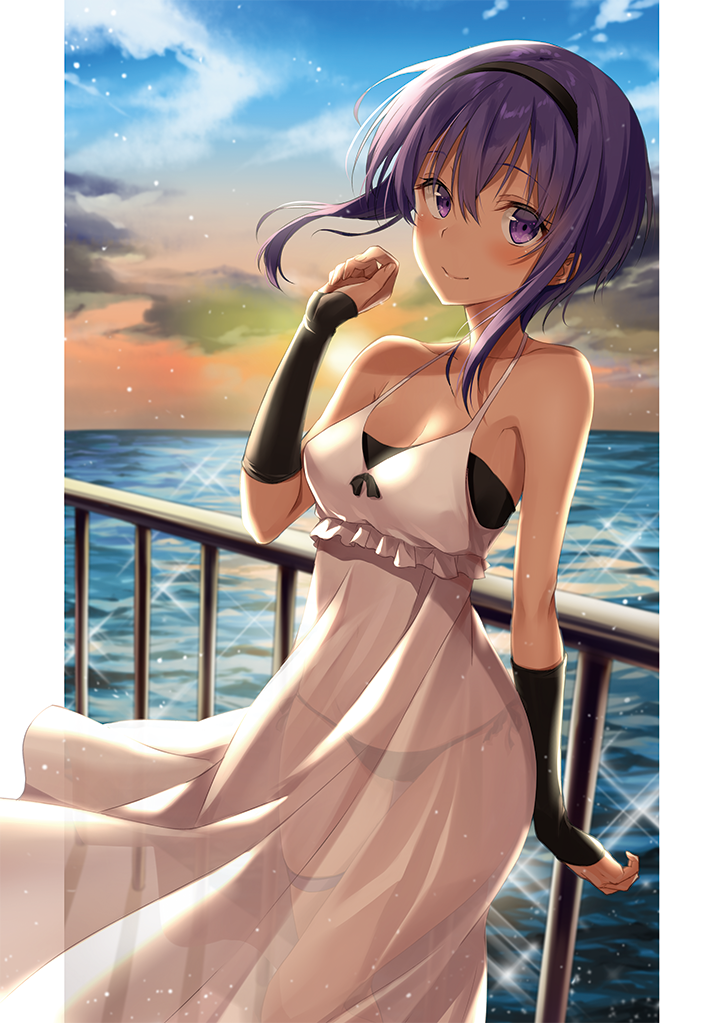 1girl arm_behind_back arm_warmers backlighting bangs bare_shoulders bikini bikini_under_clothes black_bikini black_hairband blush breasts cleavage closed_mouth clouds cowboy_shot dark_skin day dress eyebrows_visible_through_hair fate/grand_order fate_(series) frilled_dress frills gradient_sky hairband hassan_of_serenity_(fate) kakao_rantan looking_at_viewer medium_breasts ocean outdoors railing see-through short_hair sidelocks sky sleeveless sleeveless_dress smile solo sparkle sun sundress swimsuit thigh_gap thigh_strap violet_eyes water white_dress