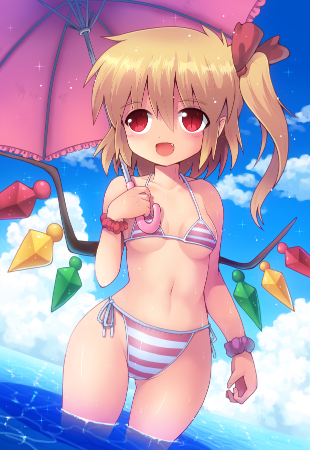 1girl bikini blonde_hair blue_sky breasts clouds commentary_request cowboy_shot crystal day dutch_angle fang flandre_scarlet frilled_umbrella kurogarasu open_mouth outdoors pink_bikini pink_umbrella purple_scrunchie red_eyes scrunchie short_hair side_ponytail sky small_breasts smile soaking_feet solo standing striped striped_bikini swimsuit thigh_gap touhou water wings wrist_scrunchie