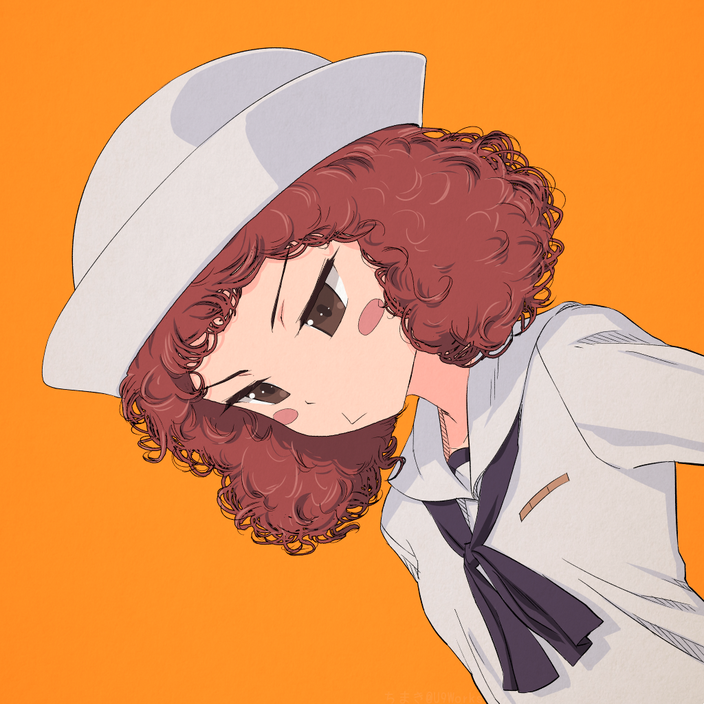 1girl akagi_(fmttps) blouse blush_stickers closed_mouth commentary curly_hair dixie_cup_hat frown girls_und_panzer hat long_sleeves looking_to_the_side military_hat navy_blue_neckwear neckerchief ooarai_naval_school_uniform orange_background red_eyes redhead rum_(girls_und_panzer) sailor sailor_collar school_uniform short_hair solo standing upper_body white_blouse white_hat