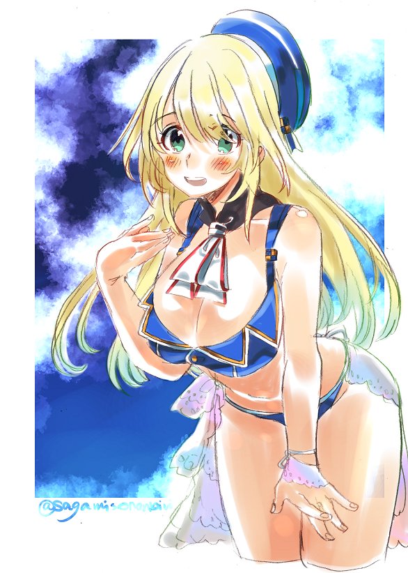 1girl adapted_costume alternate_costume ascot atago_(kantai_collection) bare_shoulders beret bikini blonde_hair blue_bikini blue_sky blush breasts buttons cleavage clouds collarbone commentary cropped_legs eyebrows_visible_through_hair fingernails green_eyes hair_between_eyes hat kantai_collection leaning_forward long_hair looking_at_viewer midriff open_mouth round_teeth sagamiso sky smile solo swimsuit teeth twitter_username white_neckwear