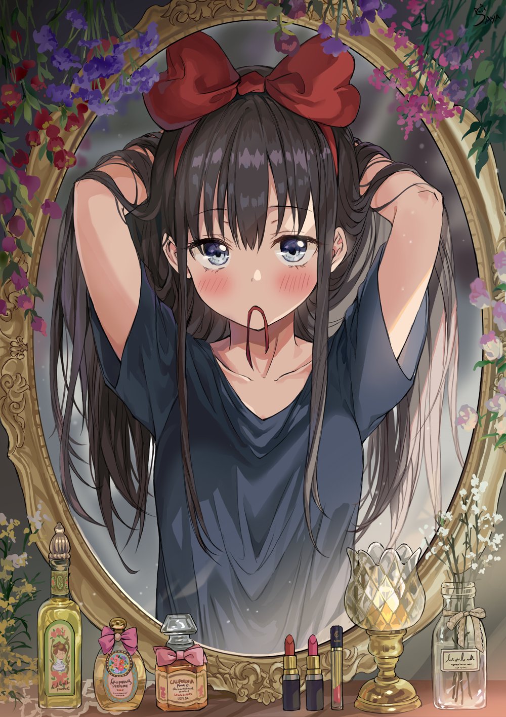 1girl black_hair blue_eyes blush bottle bow collarbone cosmetics flower hair_bow hairdressing highres indoors kiki long_hair looking_at_mirror majo_no_takkyuubin mirror mouth_hold perfume_bottle reflection ribbon saya_(mychristian2) solo tying_hair vanity_table