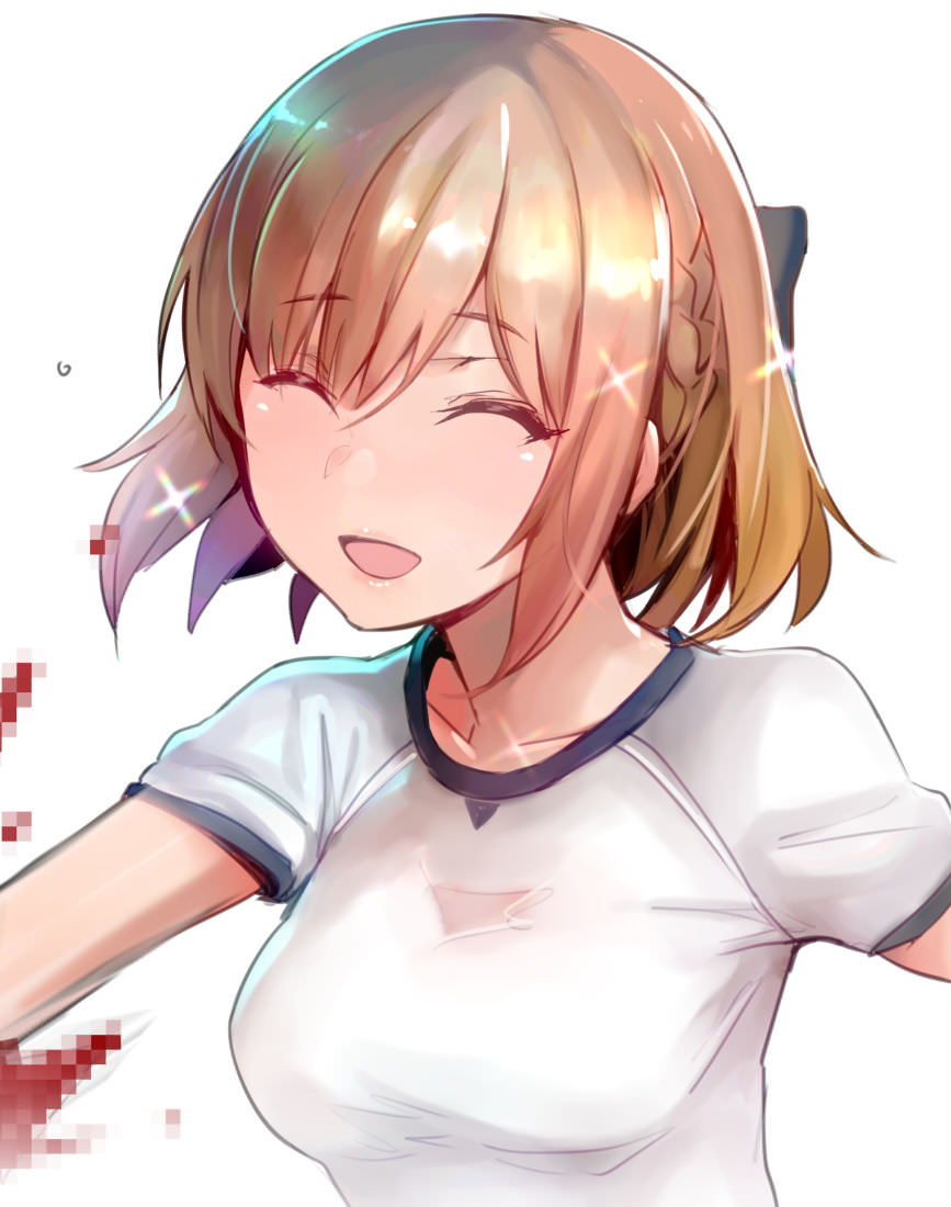 1girl :d ^_^ alice_gear_aegis blood braid breasts brown_hair censored closed_eyes closed_eyes collarbone eyebrows_visible_through_hair kurowa medium_breasts mosaic_censoring open_mouth shirt short_sleeves simple_background smile solo sparkle sutegoro_shiina upper_body white_background white_shirt
