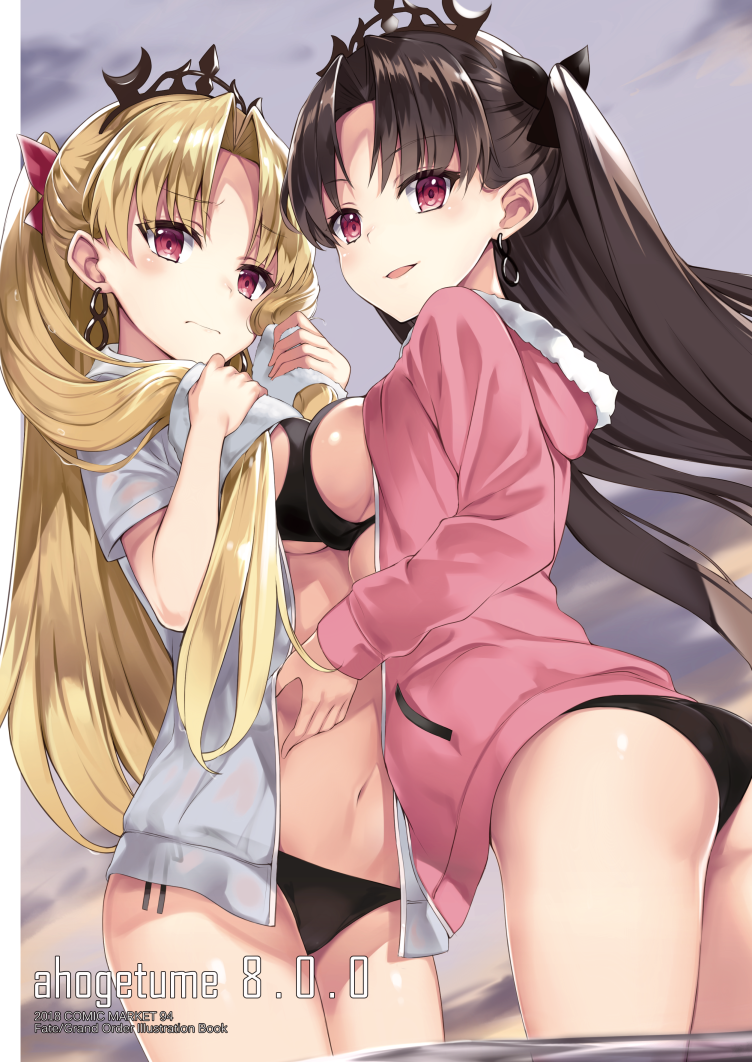 2girls ass bangs bikini black_bikini black_hair black_ribbon blonde_hair blush bow breast_press cape closed_mouth clouds cloudy_sky collarbone commentary_request cowboy_shot crown cute detached_collar earrings ereshkigal_(fate/grand_order) eyebrows_visible_through_hair fate/grand_order fate_(series) from_behind from_below fur-trimmed_cape fur_trim hair_grab heavenly_boat_maanna hoop_earrings ishtar_(fate/grand_order) jacket jewelry looking_at_viewer mafu9 midriff multiple_girls navel neck_ring open_mouth outdoors parted_bangs pink_jacket purple_bow red_eyes ribbon sky sunset swimsuit symmetrical_docking thighs tohsaka_rin two_side_up wavy_mouth