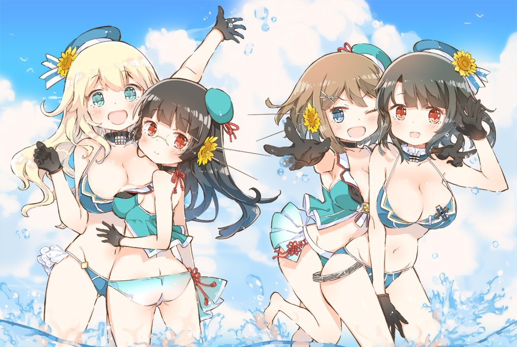 4girls atago_(kantai_collection) beret bikini black_gloves black_hair blonde_hair blue_bikini blue_eyes blue_sky blush breasts brown_hair choukai_(kantai_collection) closed_mouth clouds cloudy_sky eyebrows_visible_through_hair flower gloves hair_flower hair_ornament hat kantai_collection large_breasts long_hair looking_at_viewer maya_(kantai_collection) medium_breasts multiple_girls ocean one_eye_closed open_mouth red_eyes sailor_hat short_hair sky sodapop_(iemaki) swimsuit takao_(kantai_collection)