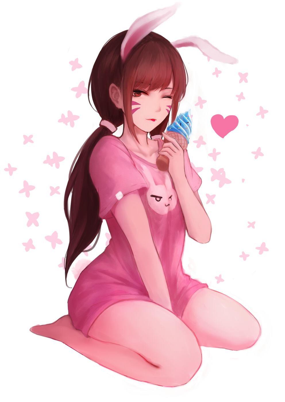 1girl animal_ears bangs barefoot between_legs brown_hair closed_mouth collarbone d.va_(overwatch) eyebrows_visible_through_hair facial_hair food hand_between_legs hand_up heart highres holding holding_food ice_cream ice_cream_cone kemonomimi_mode long_hair low_ponytail overwatch pink_shirt ponytail rabbit_ears red_eyes seiza shimmer shirt short_sleeves sitting soft_serve solo sprinkles tongue tongue_out very_long_hair white_background