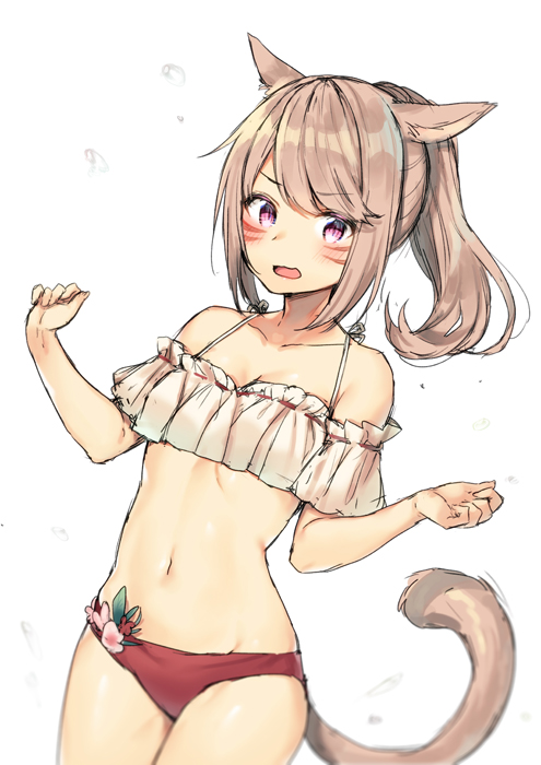 1girl animal_ears bangs bare_shoulders bikini brown_hair cat_ears cat_girl cat_tail collarbone commentary_request dutch_angle eyebrows_visible_through_hair facial_mark final_fantasy final_fantasy_xiv halter_top halterneck hands_up long_hair looking_at_viewer midorikawa_you miqo'te navel off_shoulder open_mouth ponytail red_bikini_bottom sidelocks simple_background solo stomach swimsuit tail tail_raised violet_eyes water_drop white_background white_bikini_top