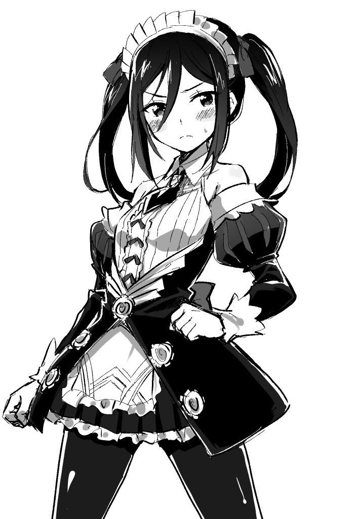 1girl blush cosplay embarrassed hana_(xenoblade) hana_jk long_hair looking_at_viewer madanai_(morisumeshi) maid_headdress meleph_(xenoblade) monochrome ribbon simple_background solo twintails white_background xenoblade_(series) xenoblade_2