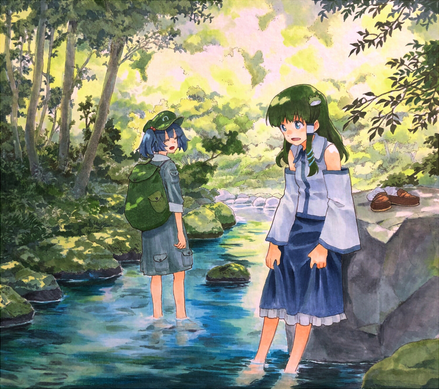 2girls backpack bag bare_shoulders barefoot blue_hair brown_footwear commentary_request detached_sleeves facing_another footwear_removed forest frog_hair_ornament green_eyes green_hair green_hat hair_ornament hat kawashiro_nitori kochiya_sanae marker_(medium) multiple_girls nature open_mouth rock shadow shiratama_(hockey) shoes_removed skirt skirt_hold snake_hair_ornament stream touhou traditional_media tree wading water