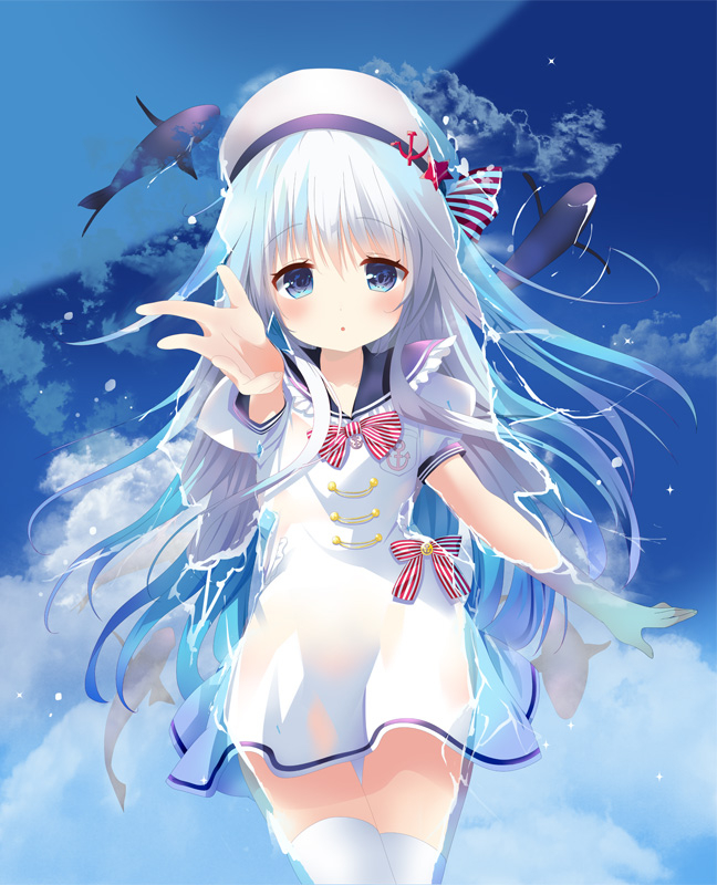 1girl alternate_costume black_sailor_collar blue_eyes blue_sky clouds commentary_request dress eyebrows_visible_through_hair foreshortening from_above hair_between_eyes hammer_and_sickle hat hibiki_(kantai_collection) kantai_collection long_hair looking_at_viewer partially_submerged reflection sailor_collar sailor_dress sailor_hat silver_hair sky solo tsukiji verniy_(kantai_collection) water whale white_dress white_hat