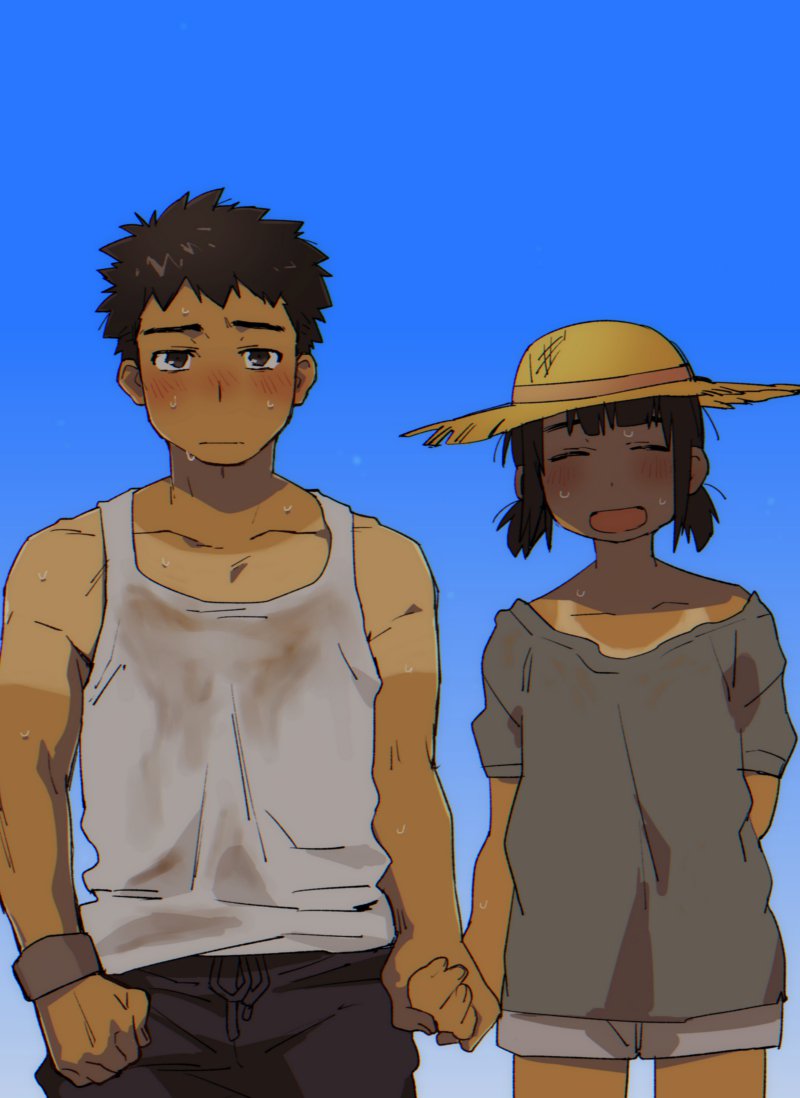 1boy 1girl bangs black_hair blue_sky blunt_bangs child closed_eyes cosplay costume_switch cowboy_shot dirty_clothes grey_shirt hand_holding hat off_shoulder original pants shirt short_hair short_twintails shorts siblings sky smile st05254 sun_hat sweat sweatpants tan tank_top tanline twintails wristband