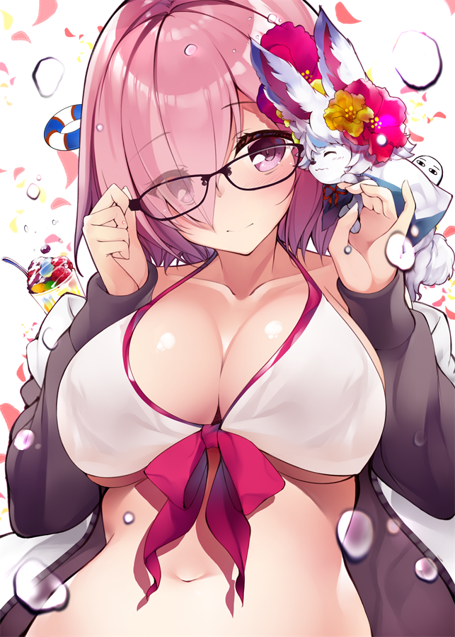 1girl adjusting_eyewear bare_shoulders bikini blush breasts cleavage closed_mouth collarbone cup drinking_straw eyebrows_visible_through_hair fate/grand_order fate_(series) food fou_(fate/grand_order) glasses grey_jacket hair_over_one_eye ice_cream jacket large_breasts lavender_hair looking_at_viewer mash_kyrielight medjed navel netarou open_clothes open_jacket petals short_hair simple_background solo swimsuit swimsuit_of_perpetual_summer violet_eyes water_drop white_background white_bikini