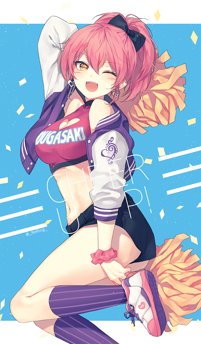 1girl :d arm_behind_head arm_up bangs black_bow blue_background blush bow character_name cheerleader cleavage_cutout clothes_writing commentary confetti crop_top cropped_jacket denim denim_shorts earrings fangs hair_between_eyes hair_bow heart heart_cutout heart_earrings holding_pom_poms idolmaster idolmaster_cinderella_girls idolmaster_cinderella_girls_starlight_stage jacket jewelry jougasaki_mika kneehighs leg_up long_sleeves looking_at_viewer medium_hair midriff multicolored_footwear navel off_shoulder one_eye_closed open_mouth out_of_frame pink_hair pom_poms ponytail scrunchie shoes short_shorts shorts sidelocks silltare sleeveless smile sneakers solo striped striped_legwear treble_clef twisted_torso twitter_username white_footwear white_jacket wrist_scrunchie yellow_eyes