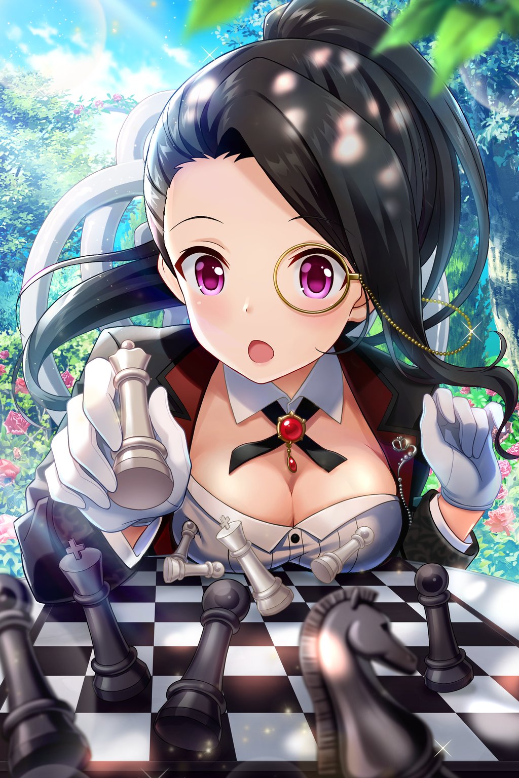 1girl alternative_girls black_jacket blush board_game breasts brown_hair chess chess_piece cleavage dappled_sunlight day detached_collar female_butler flower gem gloves high_ponytail highres jacket king_(chess) knight_(chess) leaf long_hair long_sleeves looking_at_viewer medium_breasts monocle official_art open_clothes open_jacket open_mouth outdoors pawn pink_flower pink_rose queen_(chess) red_flower red_rose rose saionji_rei solo_focus sunlight violet_eyes white_gloves