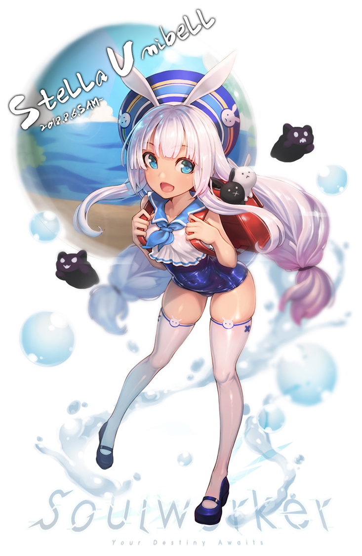 1girl animal_ears backpack bag blue_eyes covered_navel crop_top ecell full_body hat leaning_forward long_hair low-tied_long_hair mary_janes one-piece_swimsuit open_mouth rabbit_ears randoseru school_swimsuit school_uniform serafuku shirt shoes silver_hair sleeveless sleeveless_shirt smile solo soul_worker stella_unibell swimsuit thigh-highs twintails white_legwear white_shirt